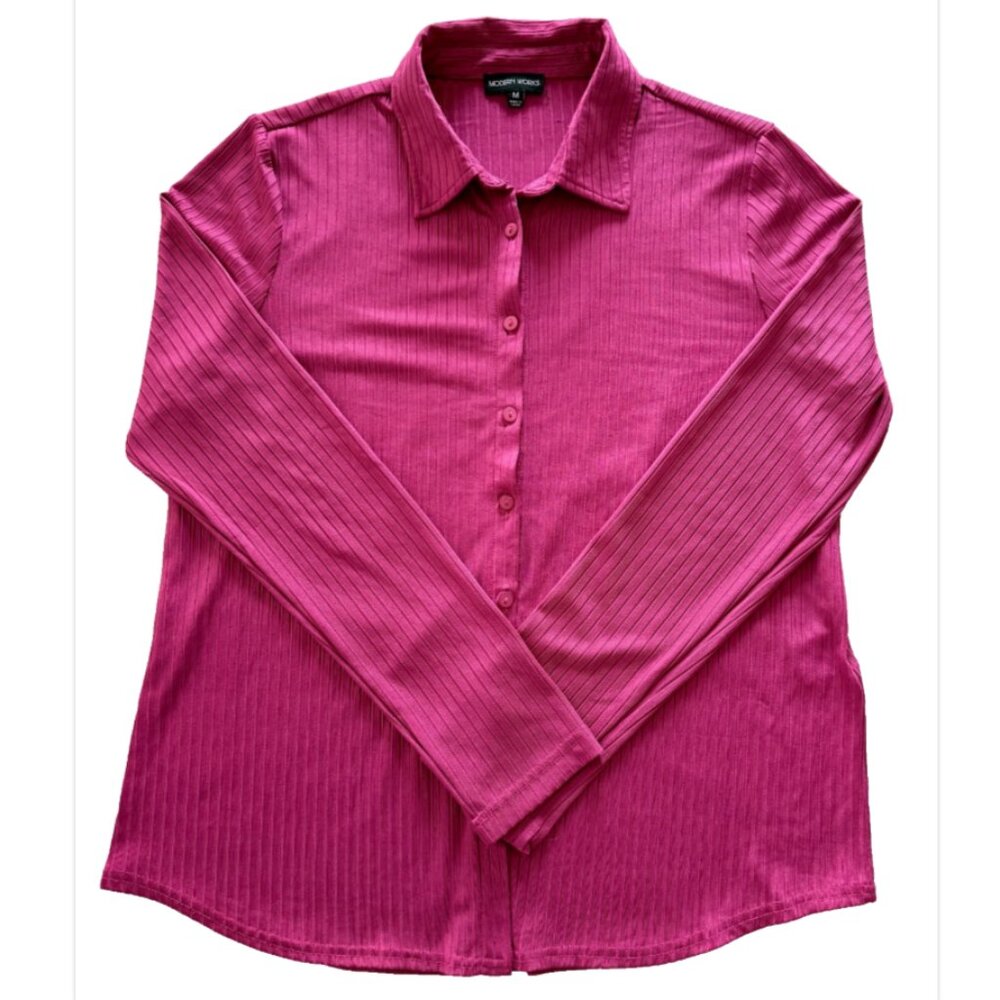 Modern Works Fuschia Pink Women's M Button Up Shirt Ribbed Office Work Preppy - Picture 3 of 9